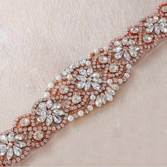 Handmade Rosegold Rhinestone Ivory Wedding Bridal Belt - Picture 2 of 3